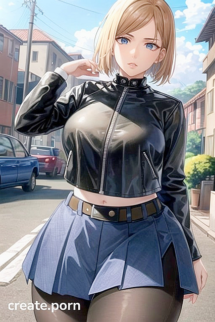 Nobara Kugisaki in Black Leather Biker Jacket for Steamy Jujutsu Kaisen Hentai AI Image