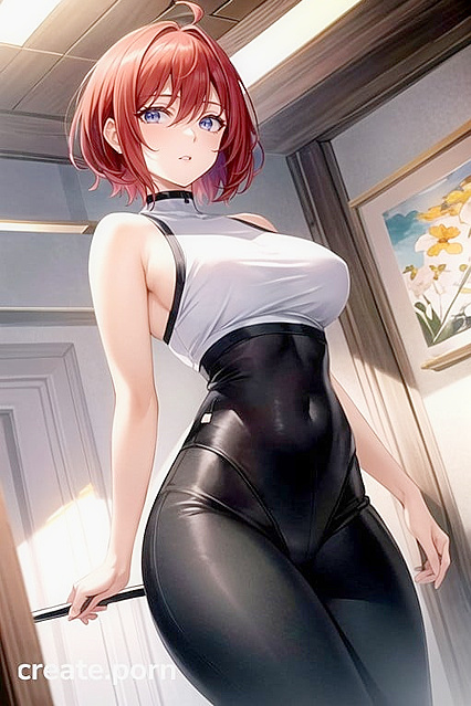 Red-Haired Beauty with Natural Breasts Teases in Tight Leggings Hentai AI Image
