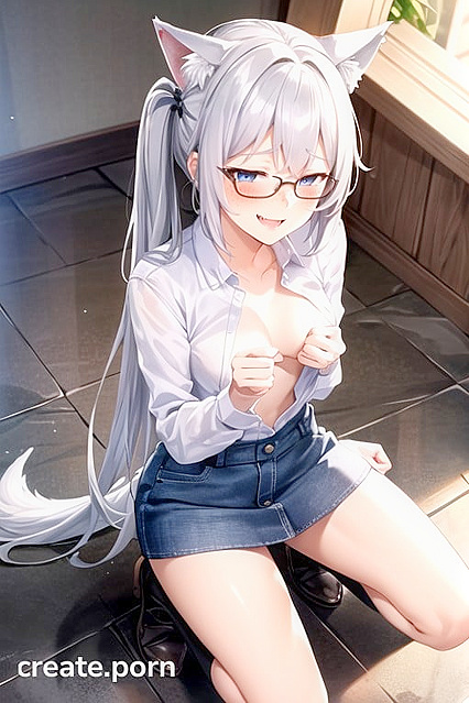 Topless Girl 18+ with Pigtails and Wolf Ears in Seductive Hentai AI Image