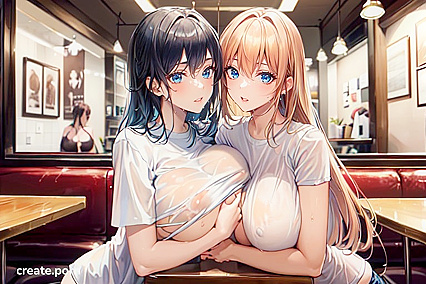 Blonde Beauty in a Wet T-Shirt Tempts at the Café in Sensual Hentai AI Image