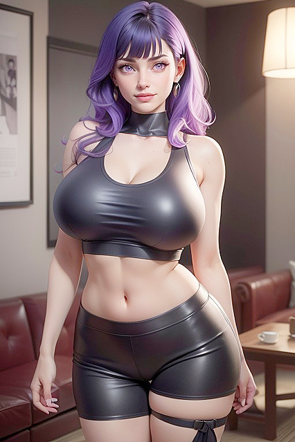 Huge Breasts and Vibrant Purple Hair in Tight-Fitting Clothes Hentai Fantasies