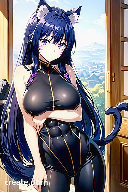 Big-Busted Cutie in Jean Shorts and Cat Ears Enjoying Steamy Hentai AI Image