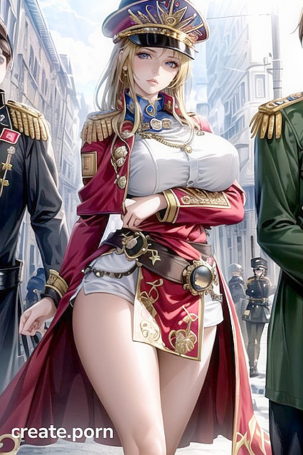 Steampunk Army Commissar with Huge Tits Strains Uniform Buttons in Surreal Close-Up