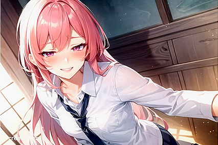 Mischievous Pink-Haired Beauty Smiles and Blushes in Sensual Hair Quilt hentai