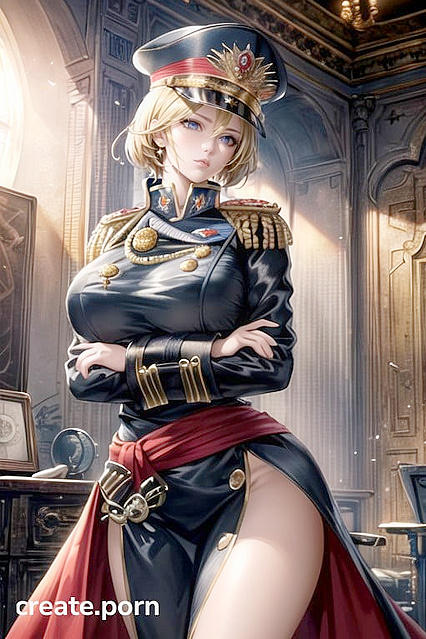 Steampunk Army Commissar with Huge Tits Strained Under Buttoned-UpUniform Poses Seductively