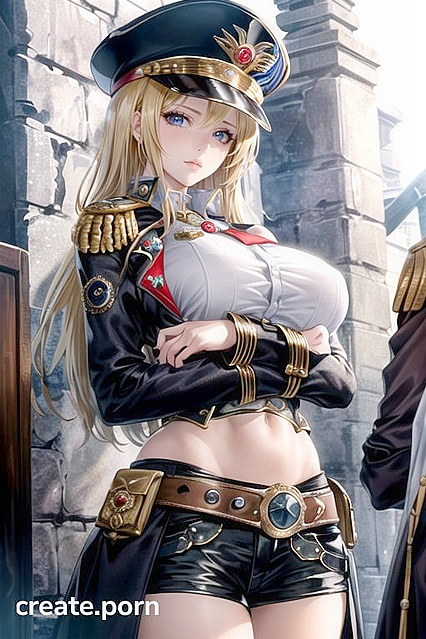 Steampunk Army Commissar with huge tits straining under buttoned-up uniform arms crossed erotically