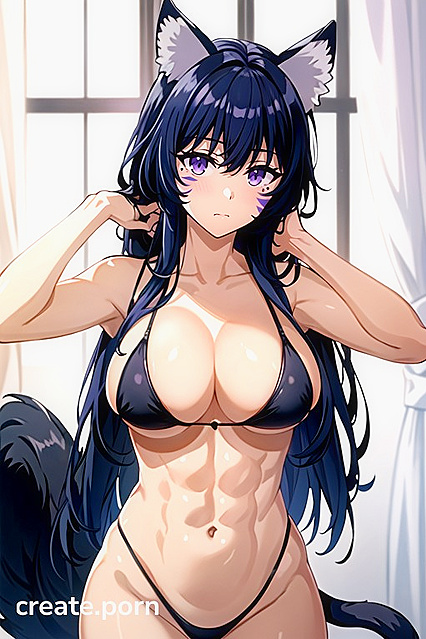 Muscular Girl 18+ with Cat Ears Teased in Sexy Bikini Hentai AI Image