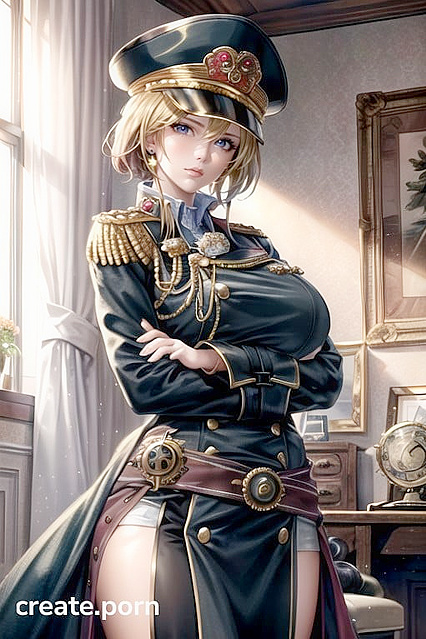 Steampunk Army Commissar with Huge Breasts in Tight Uniform and Officer Hat