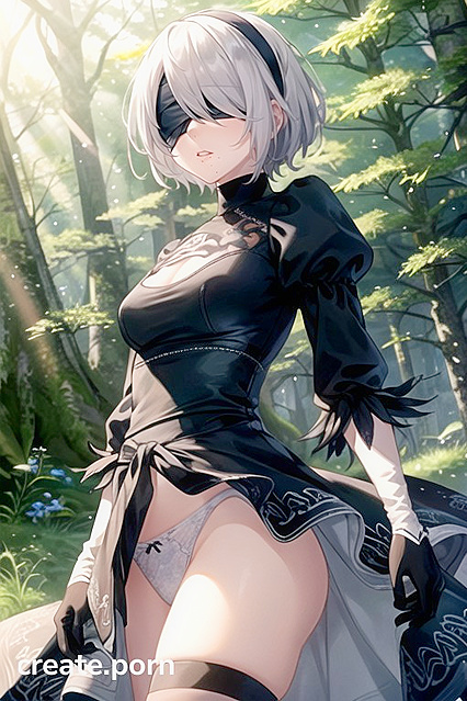 Yorha No.2 Type B Seduces in the Forest with sensual Waist Shots and Intense Hentai AI Image