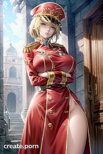 Blonde Officer Commissar in Tight Red Uniform with Massive Tits Strains Buttons