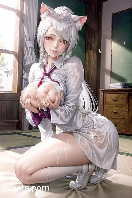 White-Haired Cutie with Tiny 18+ Butt and Natural Tits in Surreal CatGirl 18+ Hentai AI Image