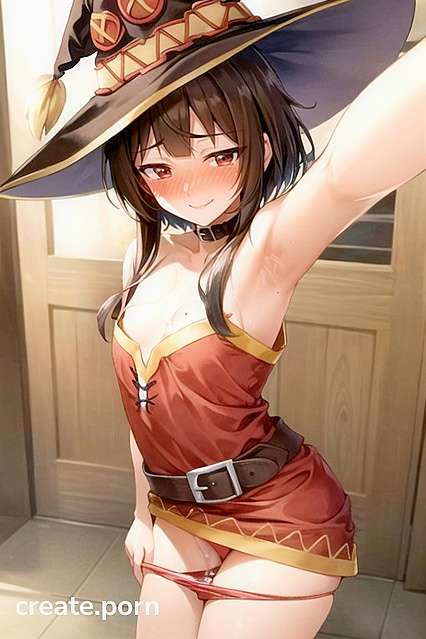 Megumin from Isekai Quartet Smiles and Blushes while Pulling Down Her Panties for Horny Hentai Fun