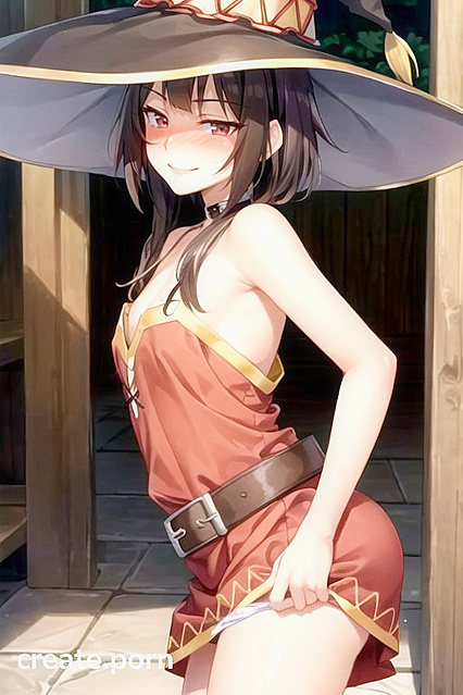 Megumin from Isekai Quartet Blushes and Smiles While Playfully Pulling Down Her Panties