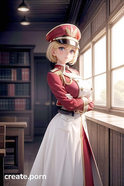 Blonde Officer Commissar with Massive Tits Strains in Tight Red and White Uniform