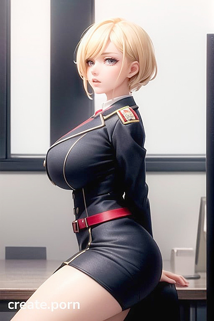 3D Officer Commissar with Massive Tits Straining Buttons, Tight Round Ass Cheeks Sticking Out, Blonde Hair, Arms Crossed Under Chest
