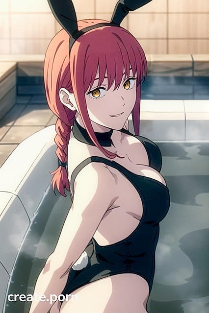 Hot Tub Thrills Makima in Seductive Black Bunny Suit With Red Hair Flair