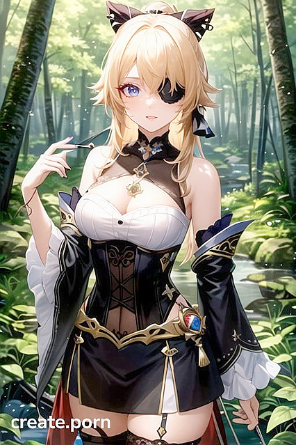 Goth Goddess Fischl Bows to Pleasure Amidst Enchanted Forest Floor