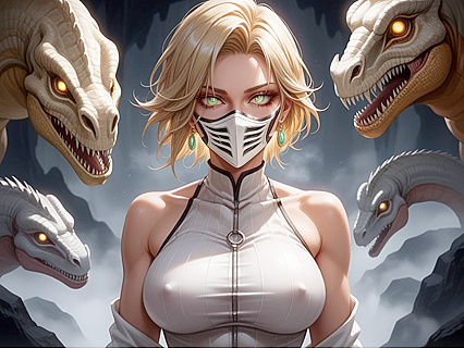 Fit Breasts Seduce at Evening Ball with Giant Dinosaur Looming Behind