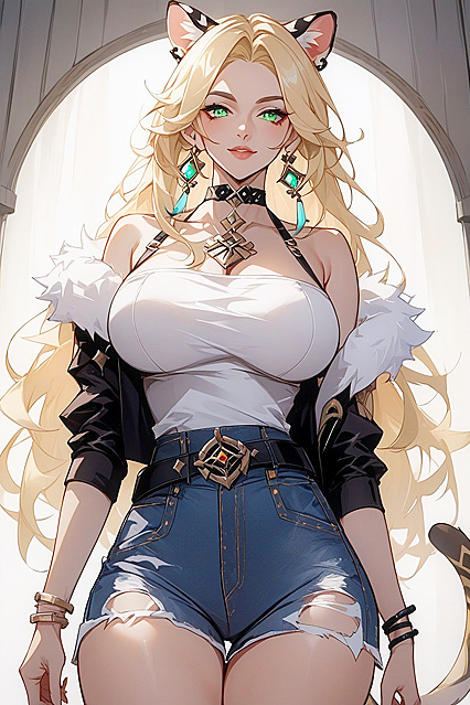 Long-Haired Beauty in White Top and Black Choker with Ocelot TailΗentai Pleasure