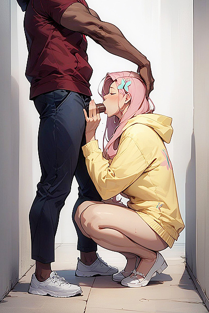 Fluttershy Gives a Sensual Blowjob to a Dark-Skinned Man in Steamy Hentai Picture