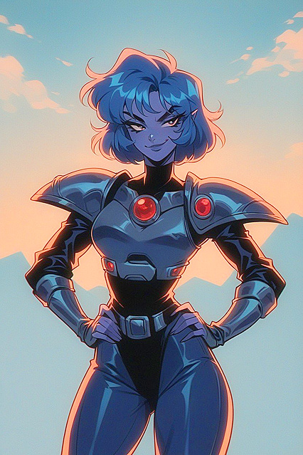 Blue-Haired Scavenger Woman Poses Seductively in Standing Front View Hentai Image