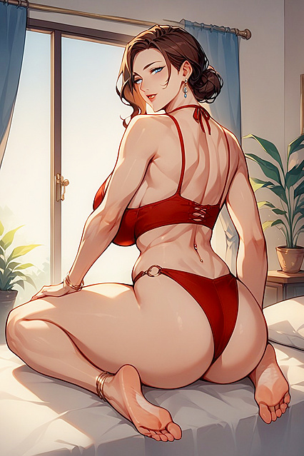 FitBrunetteinRedBikiniSitsonBedwithFirmAssandRoundBoobsHentaiAIPorn
