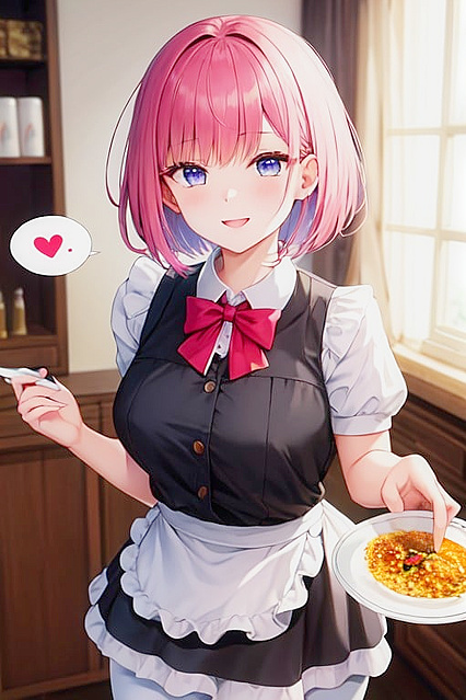 Maid With PinkBobCut Serves CurryRice in SilkLeggings for Horny Guests