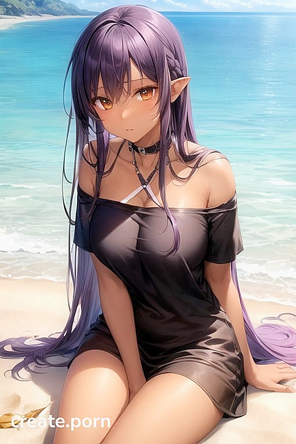 Purple-Haired Beauty Enjoys Intimate Moments on the Beach in hentai AI Picture