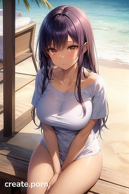Dark-Skinned Beauty in Oversized T-Shirt Enjoys Steamy Beach Hentai Picture