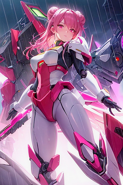Pink-Eyed Warrior in Pink and White Mecha Armour Stares Seductively at You