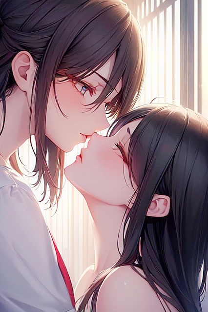 Intimate Kissing Image with Black-Haired Couple Amidst Crowded hentai Picture