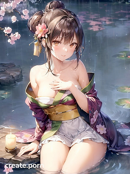 Glowing Water in Hand, Beautiful Kimono, Bioluminescent Rings Form from Drops in Hentai Pleasure