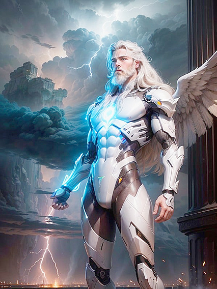 Glowing-Eyed Robot Winged Man with White Beard and Long Hair in Hentai AI Picture