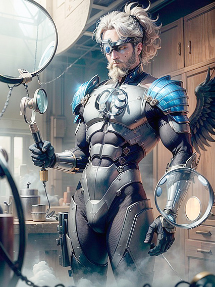 Hephaestus in Futuristic Armor with Robotic Wings Flexes His Muscles in Hot Hentai Picture
