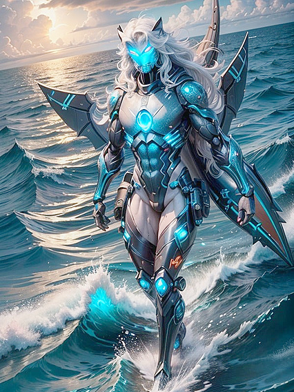 Poseidon in Futuristic Aquatic Armor Rides the Typhoon with Black Bearded Beauty
