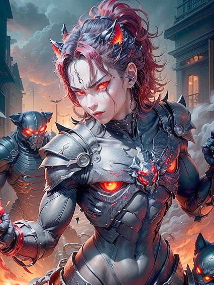 Hades in Futuristic Dark Red Armor with Robotic Cerberus Hentai Picture