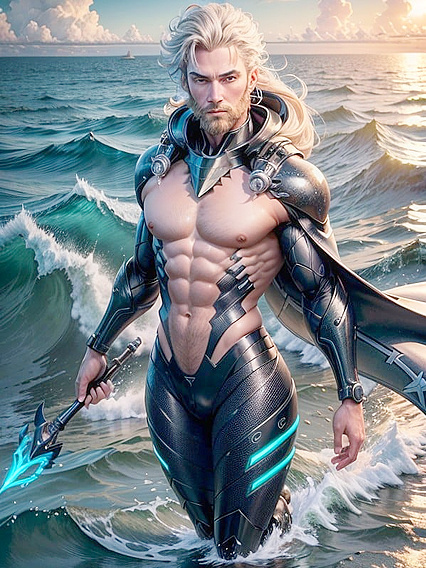Poseidon in Futuristic Aquatic Armor Wields His Mighty Trident in Erotic Hentai Picture
