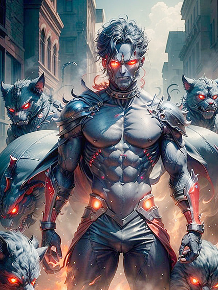 Hades with Glowing Red Eyes Bound by Fiery Hands in Erotic Hentai Picture