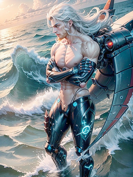 Poseidon and Black-Bearded Man with Seaweed-Laced Hair Walk on Ocean Waves in Hentai Picture