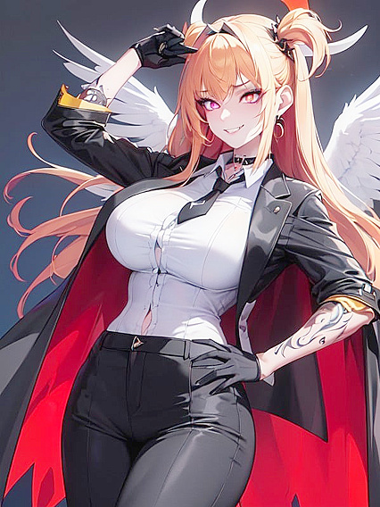 Elegant Woman in Tuxedo with Light Brown Skin and Earrings Seduces in Hentai Fantasy