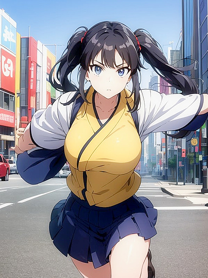 Pigtails Girl 18+ Stares at You While Massive Monster Looms Behind in Hentai Action