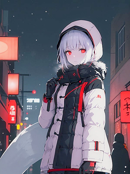 Stylish Winter Outfit, Fur Lined Hood, Gloves on Dimly Lit Tokyo Night Street Hentai Scene