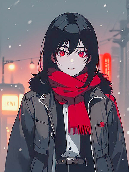 Cute Red-Eyed Girl 18+ Stands Alone on a Snowy Tokyo Street at Night in hentai AIPorn