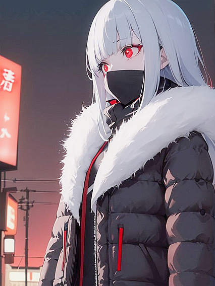 Cute Girl 18+ with Glowing Red Eyes Shines Amidst Dark Winter Streets in Cinematic Hentai Mastery