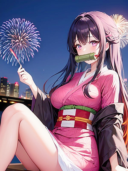 Hair Pulled Back Tight as Colorful Fireworks Explode in the Night During Hot Hentai Action