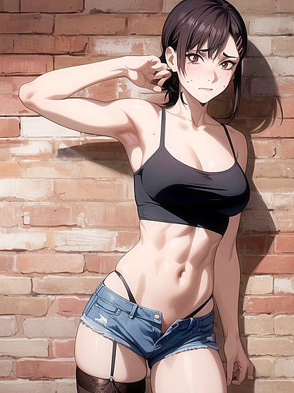 Jean Shorts and Exposed Navel in Seductive Front View Hentai Action