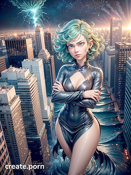 She Flies Above the Chaos as a Giant Tsunami Sweeps Through the City in Hentai AI Image