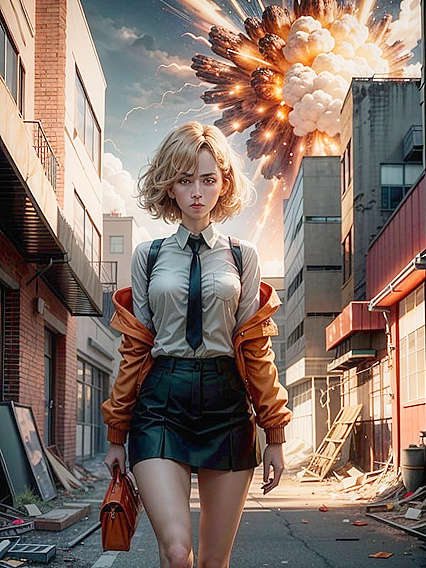 Ash-Filled Sky and Distorted Heat Waves Amidst an Explosive Anime orgasm Scene