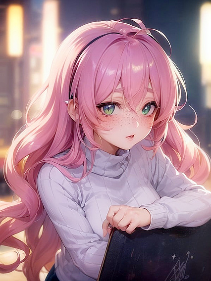 Vibrant Pink Lips andVintage Anime Sweater in Grainy Hentai AI Action