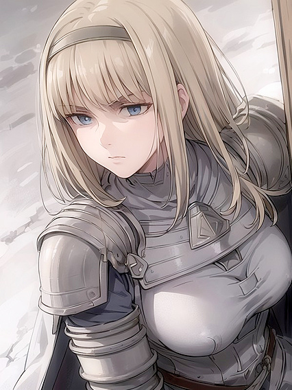 Blue-Eyed Warrior Stands Dominant in Armored Gloves for Seductive Hentai Pleasure